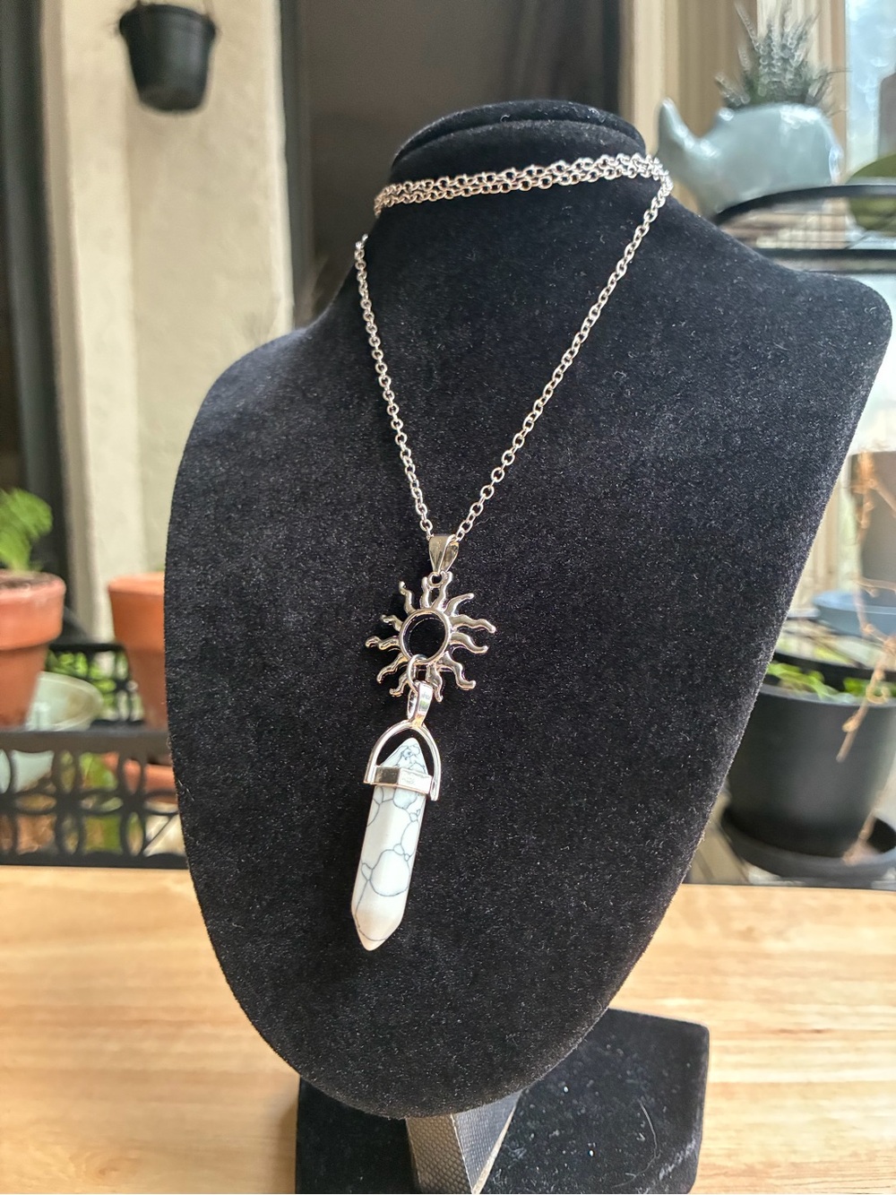 Celestial Sunburst & White Howlite Crystal Point Necklace | Silver Boho Pendant - Picture 2 of 7